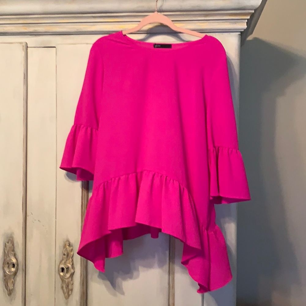 COPY - Fuchsia Gibson Ruffle Hem & Sleeve Blouse